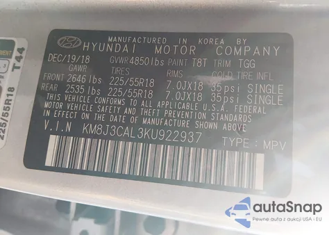 2019 Hyundai Tucson Sel z USA, uszkodzony, nr VIN KM8J3CAL3KU922937